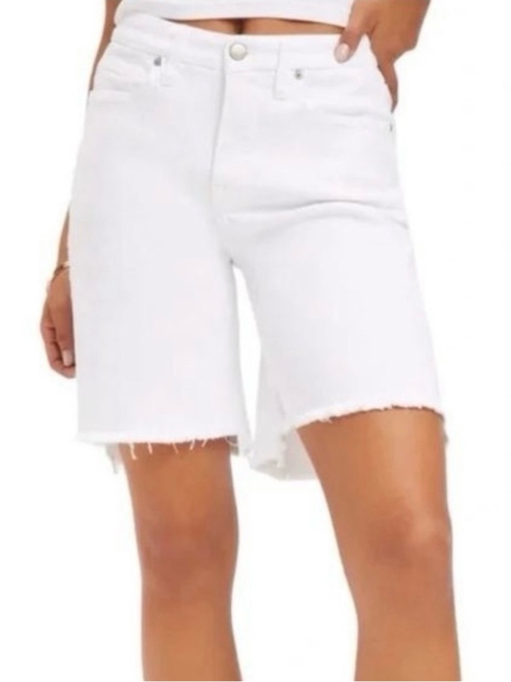 Good American White High-Rise Bermuda Shorts with Raw Hem